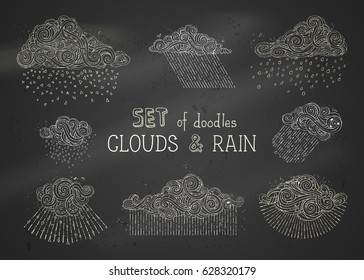 Vector set of chalk rain clouds. Ornate outlined clouds and rain drops on blackboard background. Hand-drawn doodles swirls, strokes, spirals and curls.