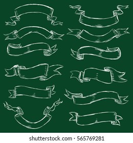 Vector Set of Chalk Ribbons on Dark Green Background