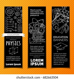 Vector set of chalk science vertical banners. Chemistry and laboratory research symbols. Molecules, books, gears, PCB and other objects on black background.