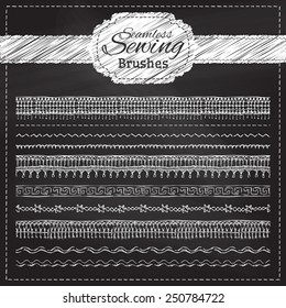 Vector set of chalk sewing brushes. Hand-drawn stitches, seams and page dividers.  All used pattern brushes are included. 