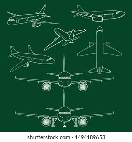 Vector Set of Chalk Sketch Airplanes. Civil Aviation Aircrafts. Side, Front, Back and Top View.