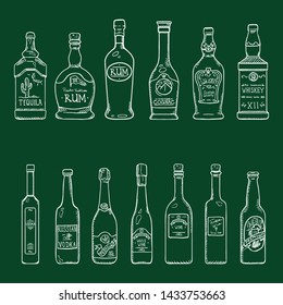 Vector Set of Chalk Sketch Alcohol Drinks Glass Bottles Illustrations
