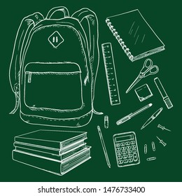 Vector Set of Chalk Sketch Backpack and School Supplies