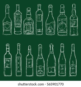 Vector Set of Chalk Sketch Bottles on Dark Green Background