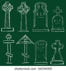 Vector Set of Chalk Sketch Cemetery Tombstones