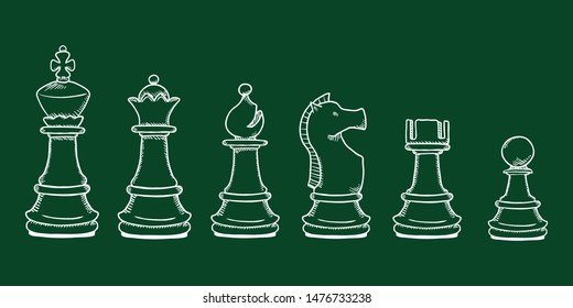 Vector Set of Chalk Sketch Chess Pieces. Full Chess Figures Collection.