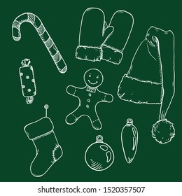 Vector Set of Chalk Sketch Christmas Symbols. Clothes and Decorations.