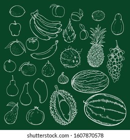 Vector Set of Chalk Sketch Fruits on Blackboard Background