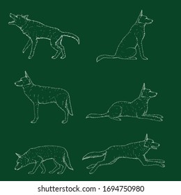 Vector Set of Chalk Sketch German Shepherd Dog Illustrations