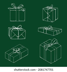 Juego de vectores de cajas de regalo de esbozo de talla con cintas y arcos.