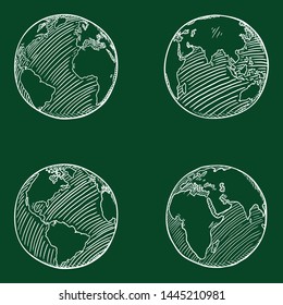 Vector Set of Chalk Sketch Globe Illustrations. 4 different Foreshortening of Earth Planet.