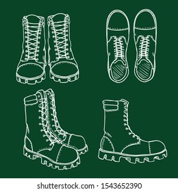Vector Set of Chalk Sketch Illustration - High Leather Army Boots