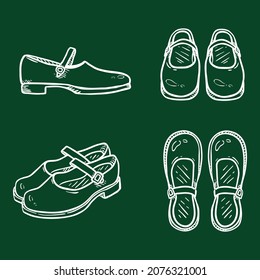 Vector Set of Chalk Sketch Leather Women Clasp Shoes. Female School Uniform Footwear