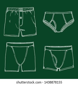 Vector Set of Chalk Sketch Mens Pants. Male Underwear. Different types of Underclothing.