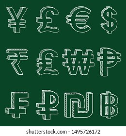 Vector Set of Chalk Sketch Modern Currency Symbols