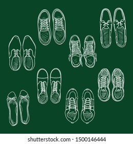 Vector Set of Chalk Sketch Shoes Items. Top View.