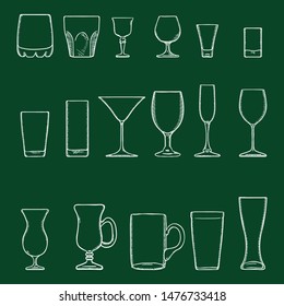 Vector Set of Chalk Sketch Stemware. Glasses for Alcohol, Cocktails and Soft Drink