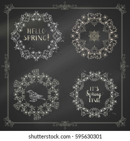Vector set of chalk spring frames and ornaments. Cherry blossoms on tree branches on blackboard background. Handwritten grunge brush lettering. There is copyspace for your text in the center.