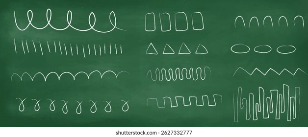 Vector set of chalk strokes and shapes on the background of a classroom blackboard. a variety of lines, spirals, geometric shapes and patterns drawn in white chalk.