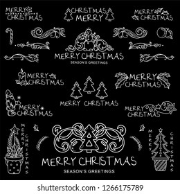Vector set of chalkboard labels, tags, inscription, lettering, caption for Merry Christmas greetings. Lovely toys, Santa Klaus, fir trees in plant pot, candy cane, mistletoe leaves elements