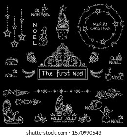 Vector set of chalkboard labels, tags, inscription, lettering, caption for Christmas greetings, Noel. Lovely snowmen, fir tree, snowball, candles, stars, snowflakes elements