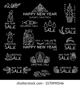 Vector set of chalkboard labels, tags, inscription, lettering, caption for Christmas, happy New Year sale, season greetings, Noel. Lovely snowmen, pine, snowball, candle, fir branches, holly leaves