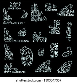 Vector set of chalkboard logo, labels, tags, inscription, lettering, caption for Eastern greetings and quotes. Lovely spring flowers, flower in pots, eggs, rabbits and bunnies elements