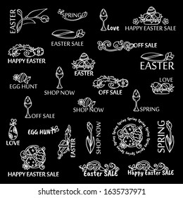 Vector set of chalkboard logo, labels, tags, inscription, lettering, caption for Eastern greetings and quotes. Lovely spring flowers, eggs, tulips with leaves elements