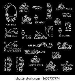 Vector set of chalkboard logo, labels, tags, inscription, lettering, caption for Eastern greetings and quotes. Lovely spring flowers, eggs, tulips with leaves elements