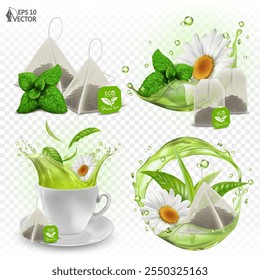 Conjunto vetorial de chá de camomila e hortelã. Bebida fresca natural. Realista respingo transparente de chá de ervas verdes em diferentes formas. Ilustrações de alimentos em 3D para design de embalagem e publicidade