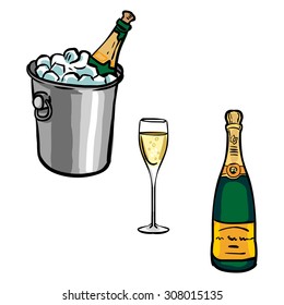 Vector set of  champagne bottles with glasses and Champagne bucket
