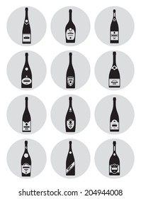 Vector set of champagne bottles icons black on grey