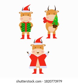 Vector set of character bull, ox for New Year, winter holiday, sales, mascot. Year of the bull. Cute characters. Bull with gift, christmas tree.