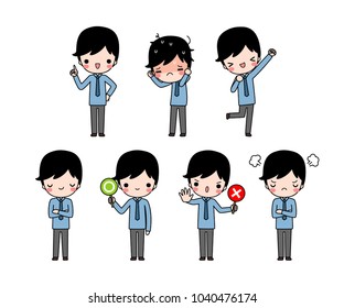 Vector set of character cartoon cartoon young businessman in blue long sleeve shirt with different expression. Isolated on white background. Flat design. Colored vector illustration.