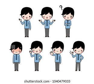 Vector set of character cartoon young businessman in blue long sleeve shirt with different expression. Isolated on white background. Flat design. Colored vector illustration.