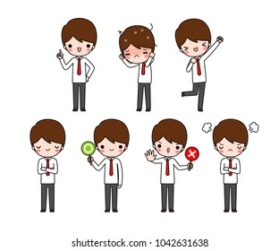 Vector set of character cartoon young businessman, working man in white long sleeve shirt and red necktie with different expression. Isolated on white background. Flat design. Vector illustration.