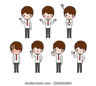 Vector set of character cartoon young businessman in white long sleeve shirt and red necktie with different expression. Isolated on white background. Flat design. Vector illustration.