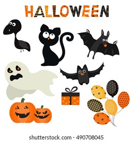 Vector set of character and icons for Halloween in cartoon style. Halloween objects.
