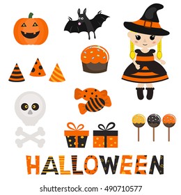 Vector set of character and icons for Halloween in cartoon style. Halloween objects.