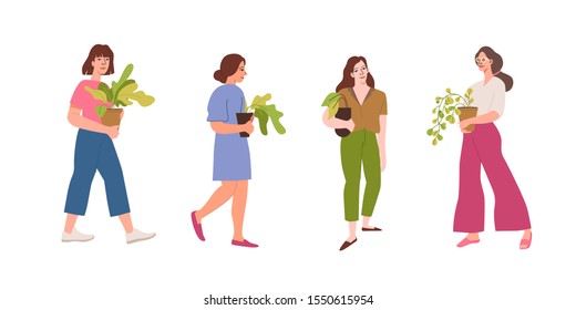 Vector set of character illustrations in simple flat style - girls holding house plants in pots - urban jungle concept 