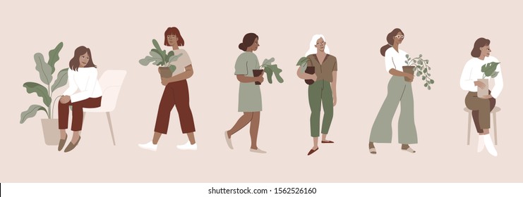 Vector set of character illustrations in simple flat style - girls holding house plants in pots - urban jungle concept 