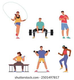 Vector Conjunto De Personajes Que Realizan Actividades De Fitness, Incluyendo Saltar La Cuerda, Levantar Pesas Y Trotar. Ilustración De Dibujos Animados Que Promueven Estilos De Vida Saludables, Rutinas De Entrenamiento Y Programas De Fitness