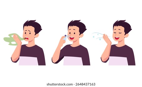 Conjunto vetorial de personagens com mau hálito e respiração limpa. Higiene e cuidados. Estilo de vida. Problema de saúde. Antes e depois. Estilo plano. Plano de fundo isolado. Ilustração de desenho animado.