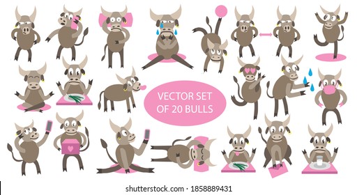 vector set of characters bulls symbol of new 2021 year for calendars, icons, stickers and other