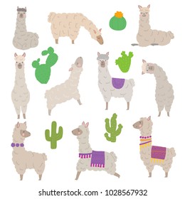 Vektorgrafik setzt Zeichen süßer Lamas. Handgezeichnete Alpaca-Illustration für Karte, Plakate, Einladungen, Kinderzimmer, mexikanische Dekoration