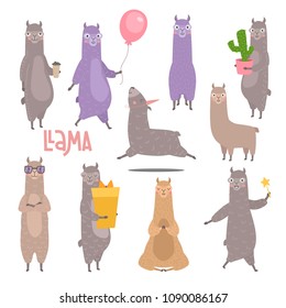 Vector set characters of cute llamas. Hand drawn style alpaca illustration for card, posters, invitations, children room, mexican decoration