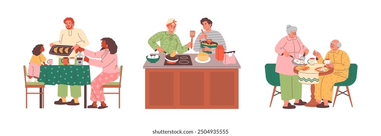 Vector set with characters of different ages and genders spending time together, preparing food and having breakfast. Concept of love and family values. Flat cartoon style. Isolated background.