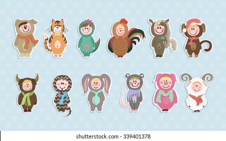 Vector set characters. Eastern horoscope. Zoo. Children in pajamas for your design
