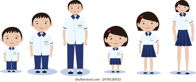 vector set of characters of elementary, middle and high school students in school uniforms Asia for sticker design