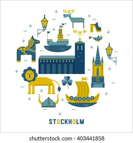 Vector set of characters with elements of Swedish design. Town Hall. A lion. Horse Dali. Vikings. It could be used for greeting cards, invitations, posters, flyers and other printed materials.